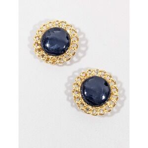 Vintage Ginnie Johansen Blue Enamel Gold Tone Round Clip Earrings